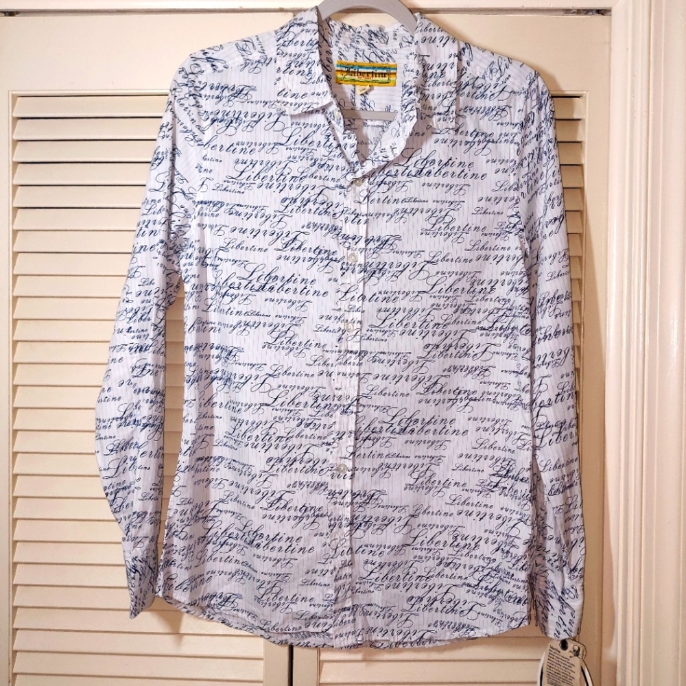 LIBERTINE for TARGET Cursive Script Button Down Cotton Shirt Top M NWT
